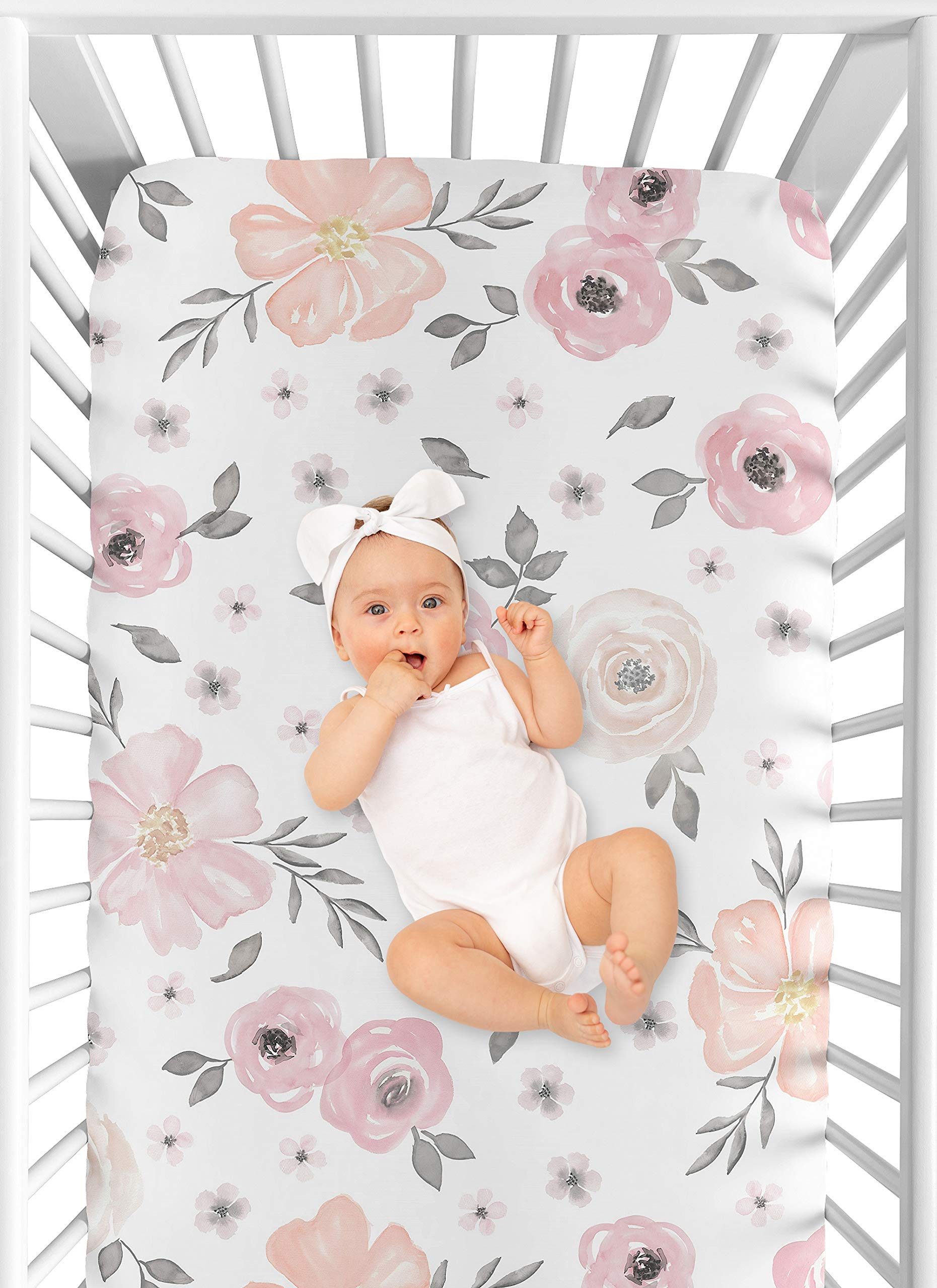 Sweet Jojo Designs Watercolor Floral Girl Cotton Fitted Crib Sheet Baby or Toddler Bed Nursery - Blush Pink, Grey and White Boho Shabby Chic Rose Flower 100% Cotton