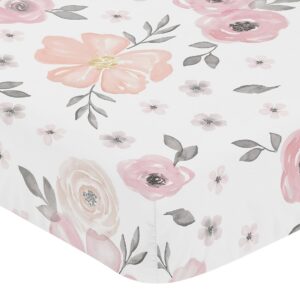 Sweet Jojo Designs Watercolor Floral Girl Cotton Fitted Crib Sheet Baby or Toddler Bed Nursery - Blush Pink, Grey and White Boho Shabby Chic Rose Flower 100% Cotton