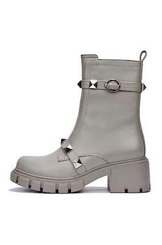 Cape Robbin Yuri Grey Gold Embellished Buckle Strap Block Chunky Heel Moto Boots (Grey Gold, 8)