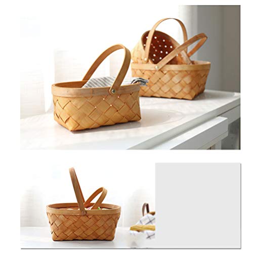 Woven Basket with Handle Wooden Handmade Rattan Storage Basket Storage Container Houseware Storage Basket for Camping Outdoor Party Park Beach (Large)