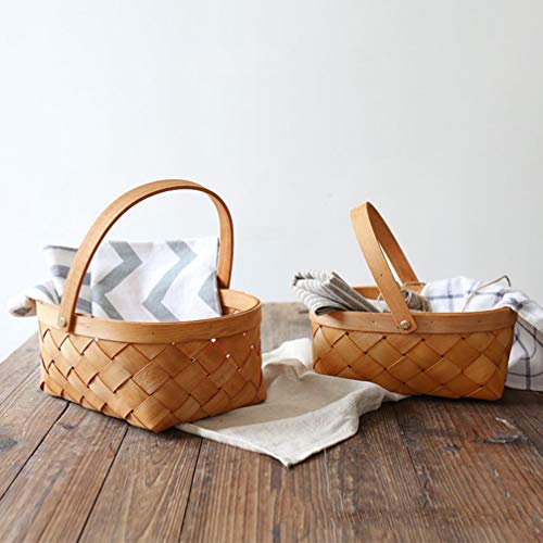 Woven Basket with Handle Wooden Handmade Rattan Storage Basket Storage Container Houseware Storage Basket for Camping Outdoor Party Park Beach (Large)
