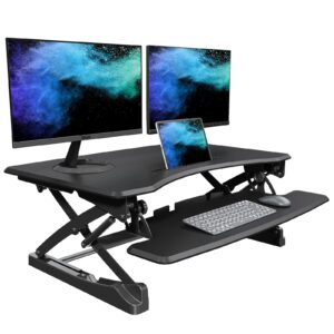 joy seeker standing desk converter 35 inches height adjustable sit to stand desk riser dual gas springs stand up desk with wide keyboard tray for laptops dual monitor riser workstation, black