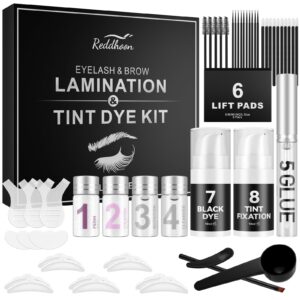 lash lift brow lamination and tint kit, reddhoon 4 in 1 eyebrow and eyelash perm kit with black dye, long-lasting for 6-8 weeks, safe & easy to use at home salon
