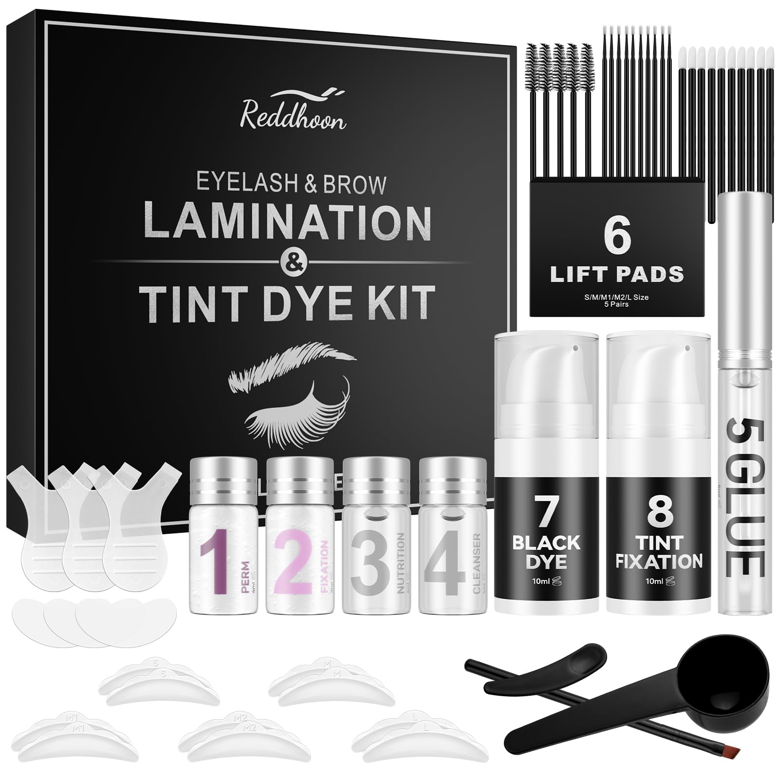 Lash Lift Brow Lamination and Tint Kit, Reddhoon 4 in 1 Eyebrow and Eyelash Perm Kit with Black Dye, Long-lasting for 6-8 Weeks, Safe & Easy to Use at Home Salon