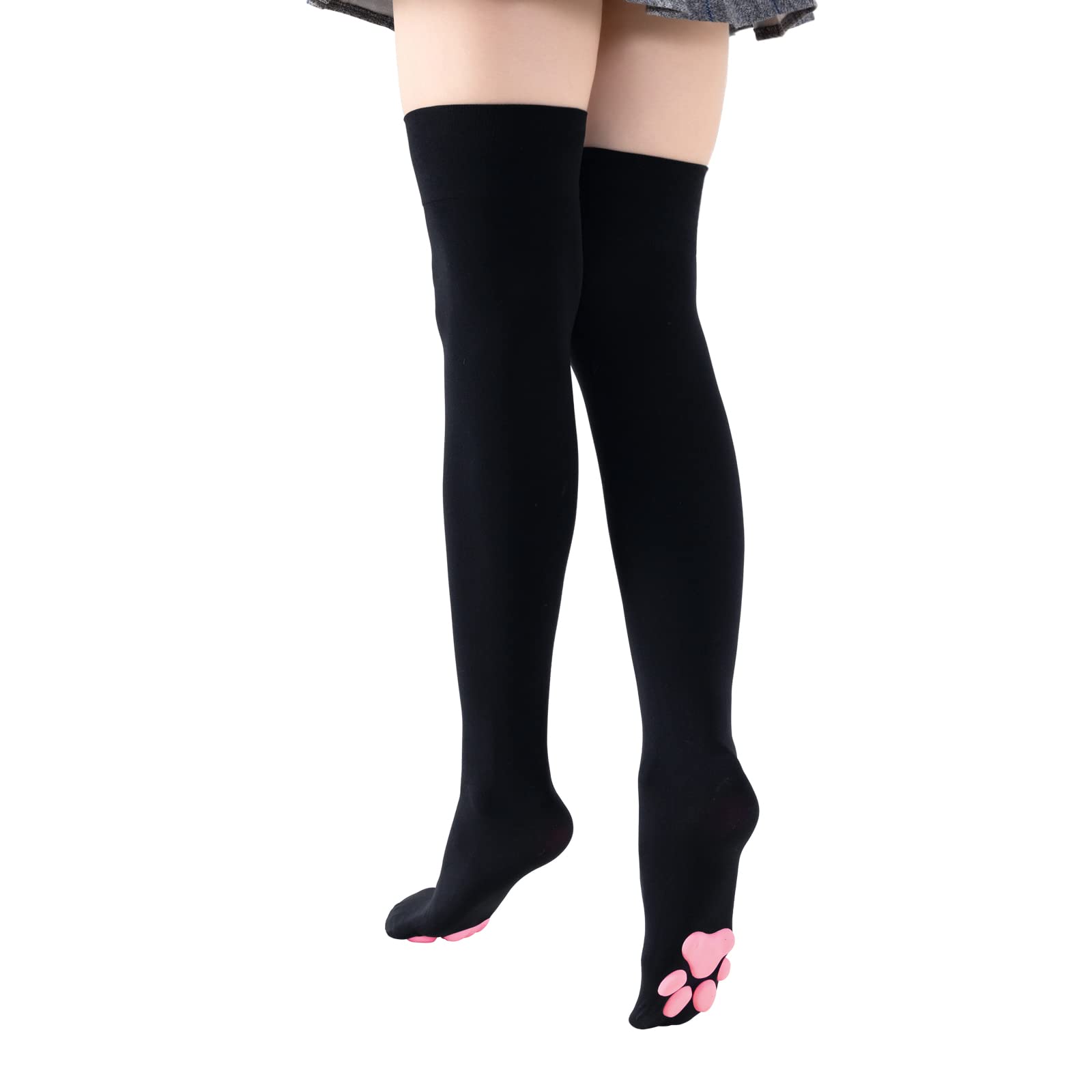 Littleforbig Thigh High Cosplay 3D Paw Pad Silicone Kitten Over The Knee Silk Stockings - Black