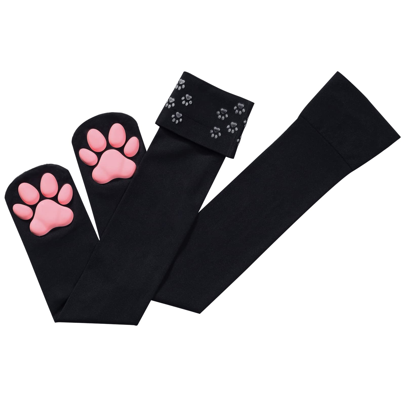 Littleforbig Thigh High Cosplay 3D Paw Pad Silicone Kitten Over The Knee Silk Stockings - Black