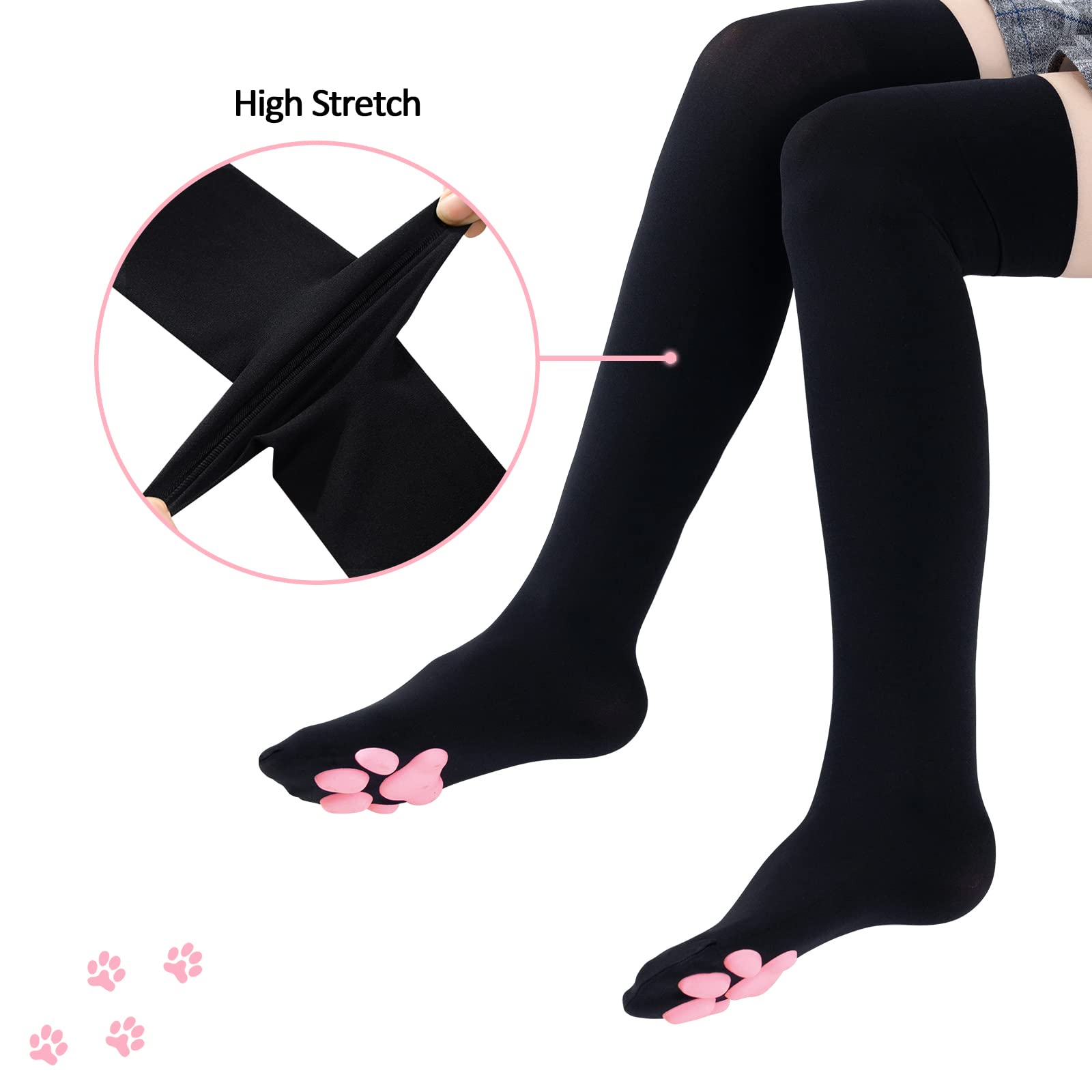 Littleforbig Thigh High Cosplay 3D Paw Pad Silicone Kitten Over The Knee Silk Stockings - Black