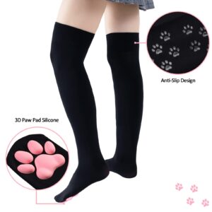 Littleforbig Thigh High Cosplay 3D Paw Pad Silicone Kitten Over The Knee Silk Stockings - Black