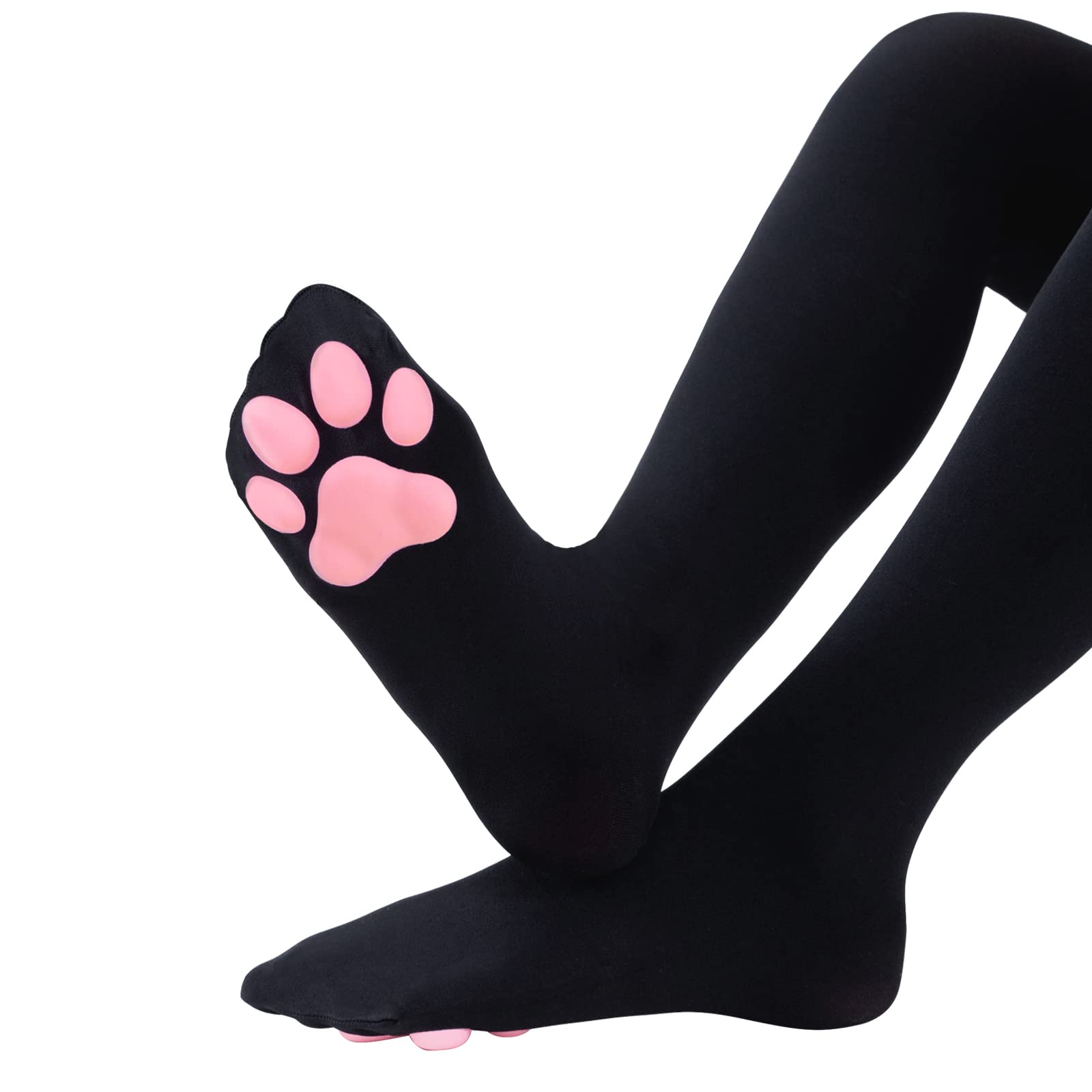 Littleforbig Thigh High Cosplay 3D Paw Pad Silicone Kitten Over The Knee Silk Stockings - Black