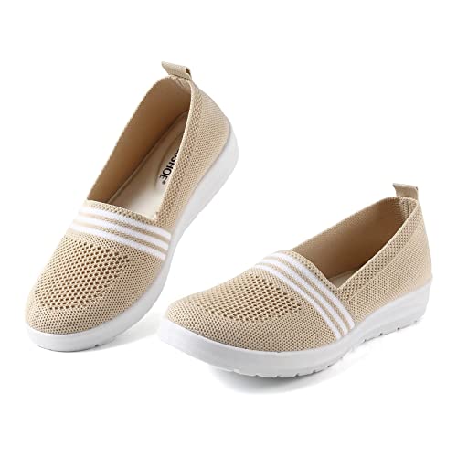 MUSSHOE Womens Walking Shoes Slip on Comfortable Elastic Knit Women Sneakers,Beige 7