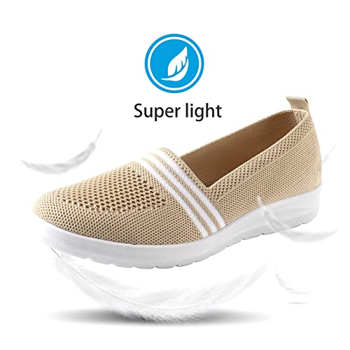 MUSSHOE Womens Walking Shoes Slip on Comfortable Elastic Knit Women Sneakers,Beige 7