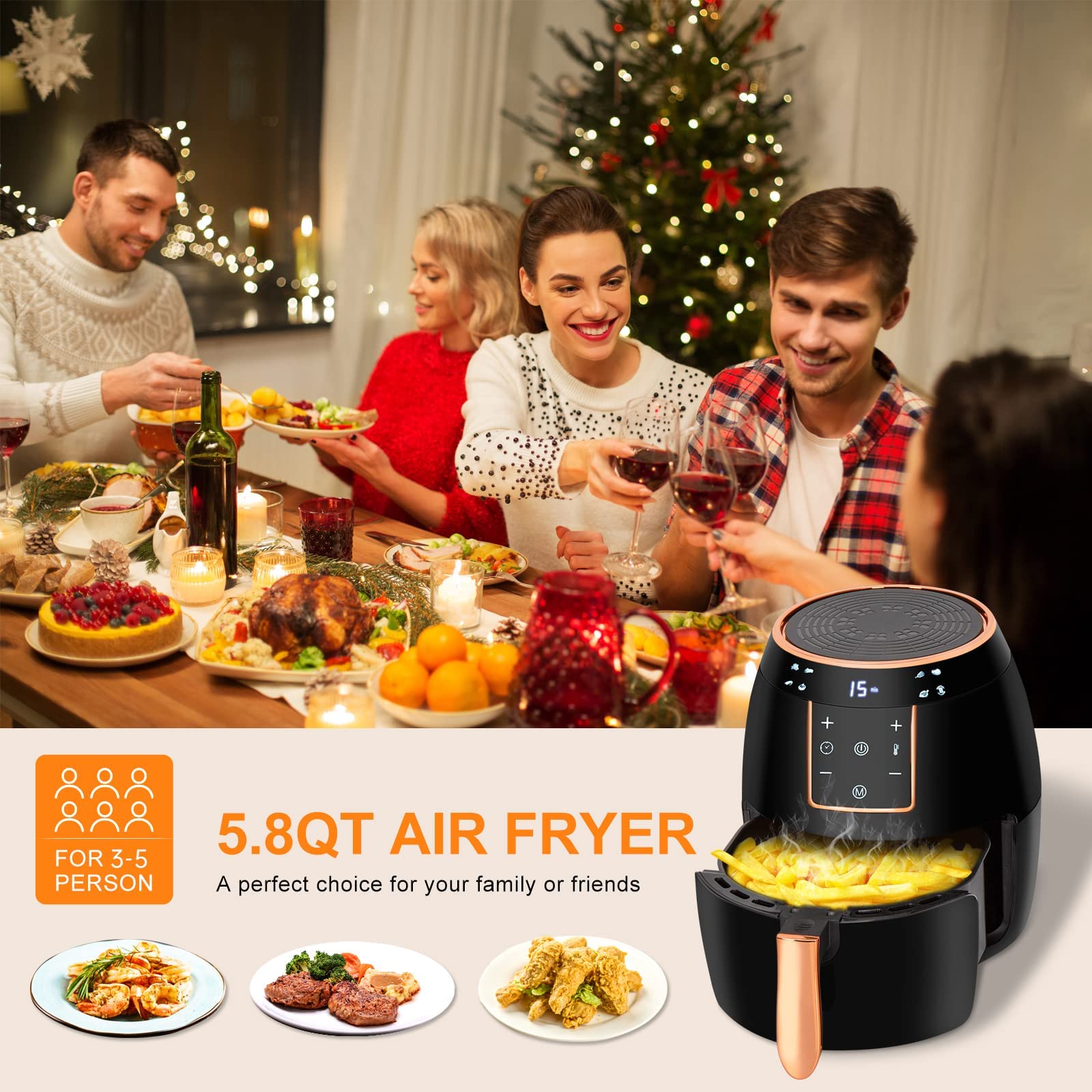 Yensong Air Fryer 5.8QT,Digital Touch Screen &Temperature Control,Non-stick Frying Basket,Free Recipes,Timer and Auto Shut off,1300W(Black)