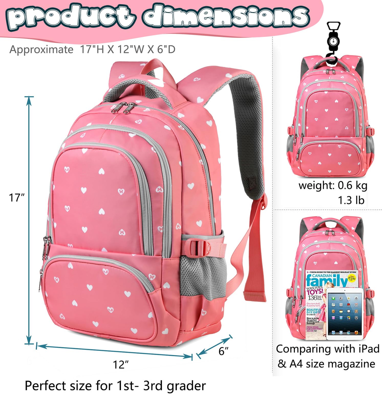 BLUEFAIRY Lightweight Water Resistant Backpack for Girls, Pink, 5-9 Years, Laptop Compartment, Adjustable Shoulder Straps, Breathable Mesh