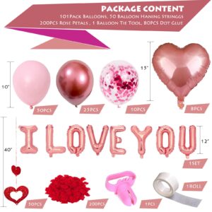 CAKKA Valentines Day Balloons Kit, 101 Pack Rose Gold Pink Heart Balloons with Rose Petals, I Love You Balloons for Anniversary Mothers Day Wedding Romantic Decorations Special Night