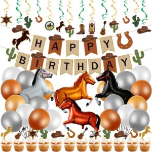 60pcs cowboy birthday party decoration include 40 inch horse shaped foil balloons little cowboy happy birthday banner cake topper hanging swirls 12 inch latex balloons for western party (retro style)