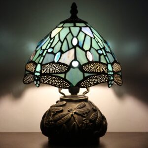 rhlamps small tiffany lamp mushroom table lamp, sea blue dragonfly style mini stained glass desk memory lamp sympathy 8x11 inch