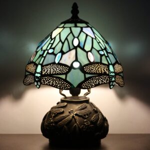 RHLAMPS Small Tiffany Lamp Mushroom Table Lamp, Sea Blue Dragonfly Style Mini Stained Glass Desk Memory Lamp Sympathy 8X11 Inch