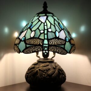 RHLAMPS Small Tiffany Lamp Mushroom Table Lamp, Sea Blue Dragonfly Style Mini Stained Glass Desk Memory Lamp Sympathy 8X11 Inch