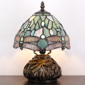 RHLAMPS Small Tiffany Lamp Mushroom Table Lamp, Sea Blue Dragonfly Style Mini Stained Glass Desk Memory Lamp Sympathy 8X11 Inch