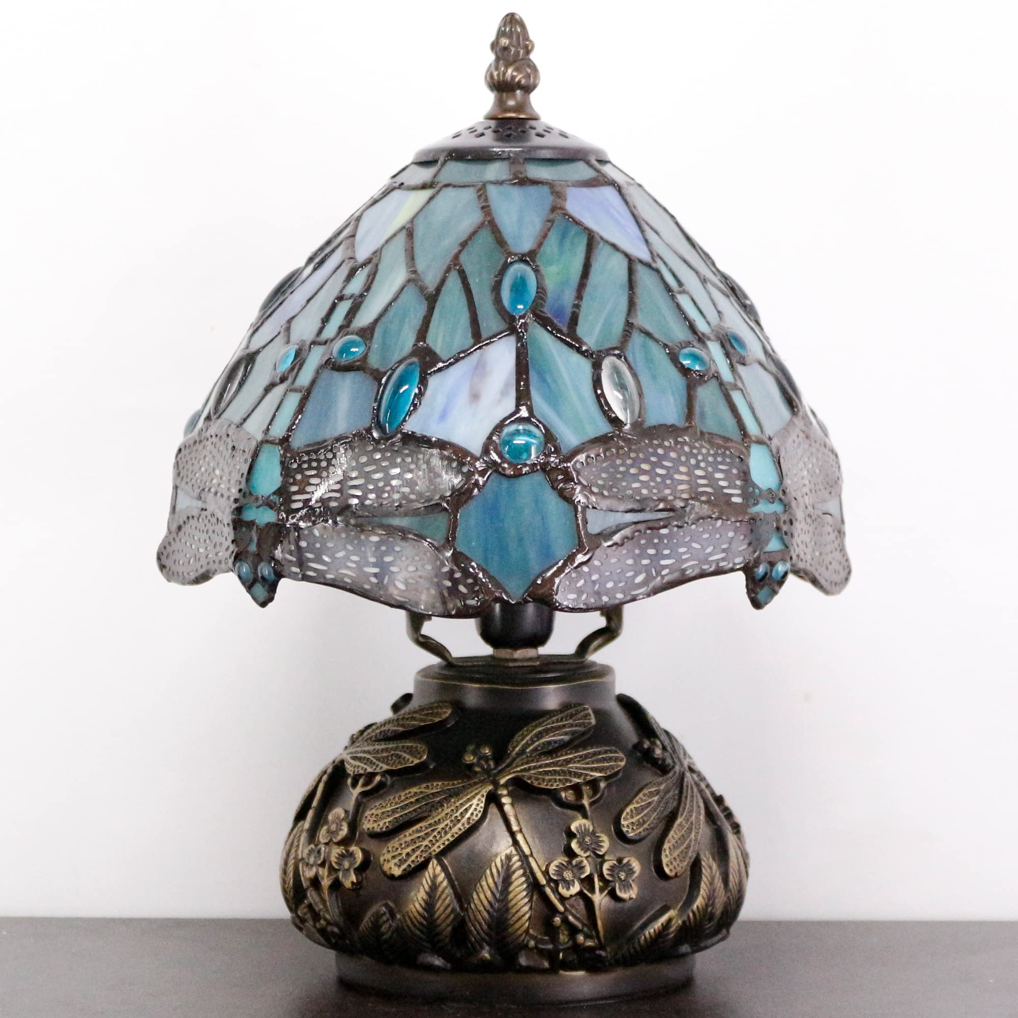 RHLAMPS Small Tiffany Lamp Mushroom Table Lamp, Sea Blue Dragonfly Style Mini Stained Glass Desk Memory Lamp Sympathy 8X11 Inch