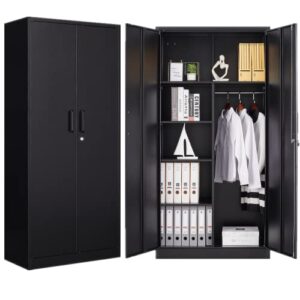 BYNSOE Metal Storage Locker Cabinet,Metal Locker 72” Black Tall Steel Wardrobe,Employees Locker with Hanging Rod,Shelves and Lockable Doors for Home, School, Office - Assembly Required (Black-Style 3)