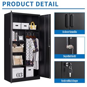 BYNSOE Metal Storage Locker Cabinet,Metal Locker 72” Black Tall Steel Wardrobe,Employees Locker with Hanging Rod,Shelves and Lockable Doors for Home, School, Office - Assembly Required (Black-Style 3)