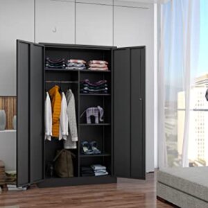 BYNSOE Metal Storage Locker Cabinet,Metal Locker 72” Black Tall Steel Wardrobe,Employees Locker with Hanging Rod,Shelves and Lockable Doors for Home, School, Office - Assembly Required (Black-Style 3)