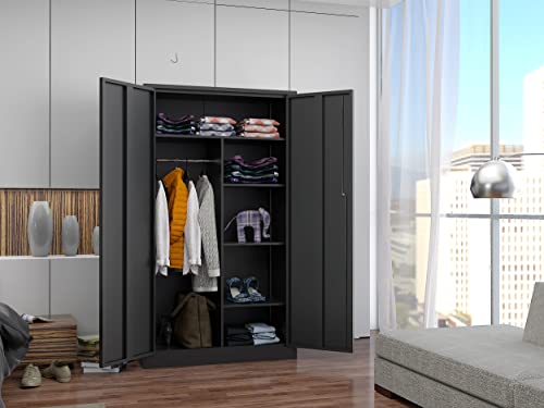 BYNSOE Metal Storage Locker Cabinet,Metal Locker 72” Black Tall Steel Wardrobe,Employees Locker with Hanging Rod,Shelves and Lockable Doors for Home, School, Office - Assembly Required (Black-Style 3)