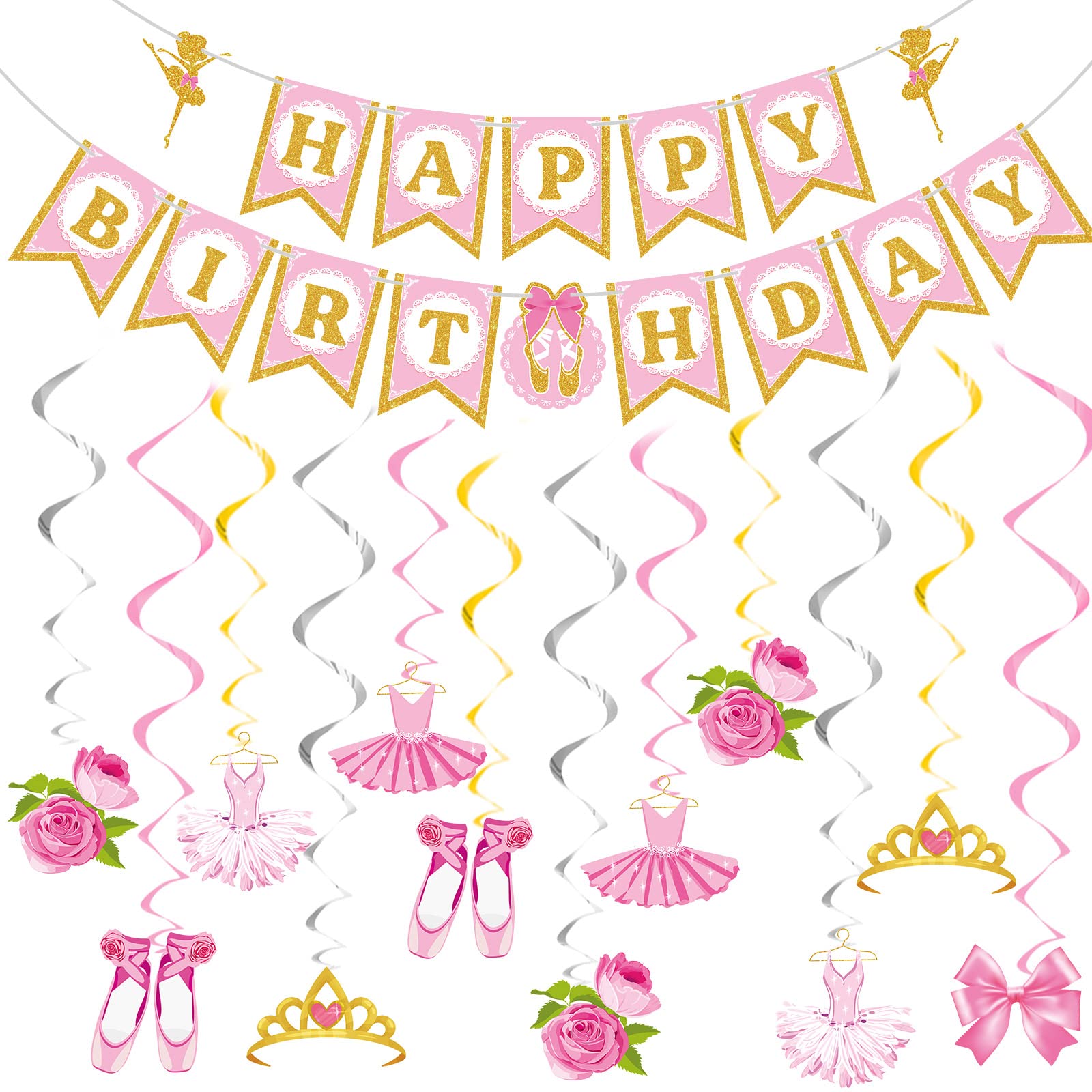 37 Pieces Ballet Birthday Party Supplies Ballerina Birthday Banner Ballerina Party Decoration Ballet Party Banner Ballerina Swirl Decoration Pink Ballerina Cutouts for Girls Birthday Baby Shower Party