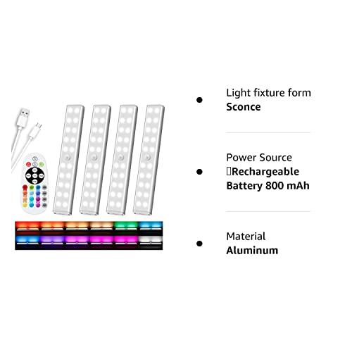 Diomart 48 LED Under Cabinet Lighting Wireless, 15 Colors Changeable Rechargeable RGB Under Cabinet Lights Remote Control Under Counter Lights Mini Night Light Bar for Indoor Display Shelf, 4 Pack