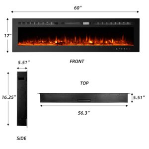 LIFETEN 60 in Electric Fireplace Insert,Recessed and Wall Mounted Fireplace Heater with Timer,Free Standing,Remote Control,Touch Screen,Overheating Protection,Log&Crystal,9 Adjustable Flame,750/1500W