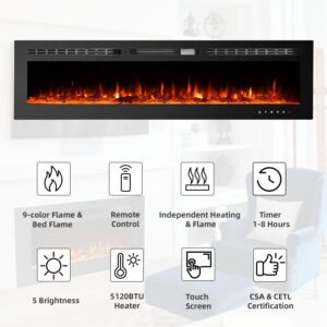 LIFETEN 60 in Electric Fireplace Insert,Recessed and Wall Mounted Fireplace Heater with Timer,Free Standing,Remote Control,Touch Screen,Overheating Protection,Log&Crystal,9 Adjustable Flame,750/1500W