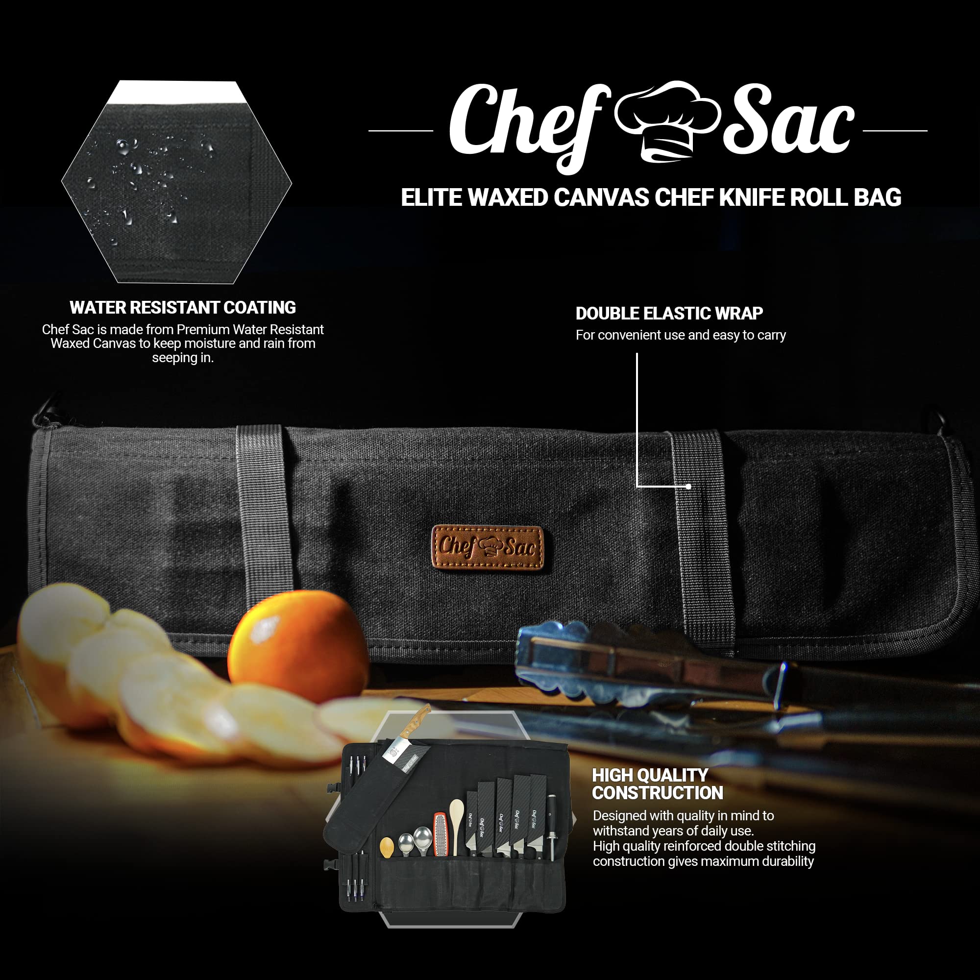 Chef Sac Elite Chef Knife Roll | 16oz Ultra Waxed Canvas Knife Case | 12+ Slots for Knives & Kitchen Tools | w/Carrying Strap | Knife Organizer for Pro Chefs | Tools Not Included, Bag Only