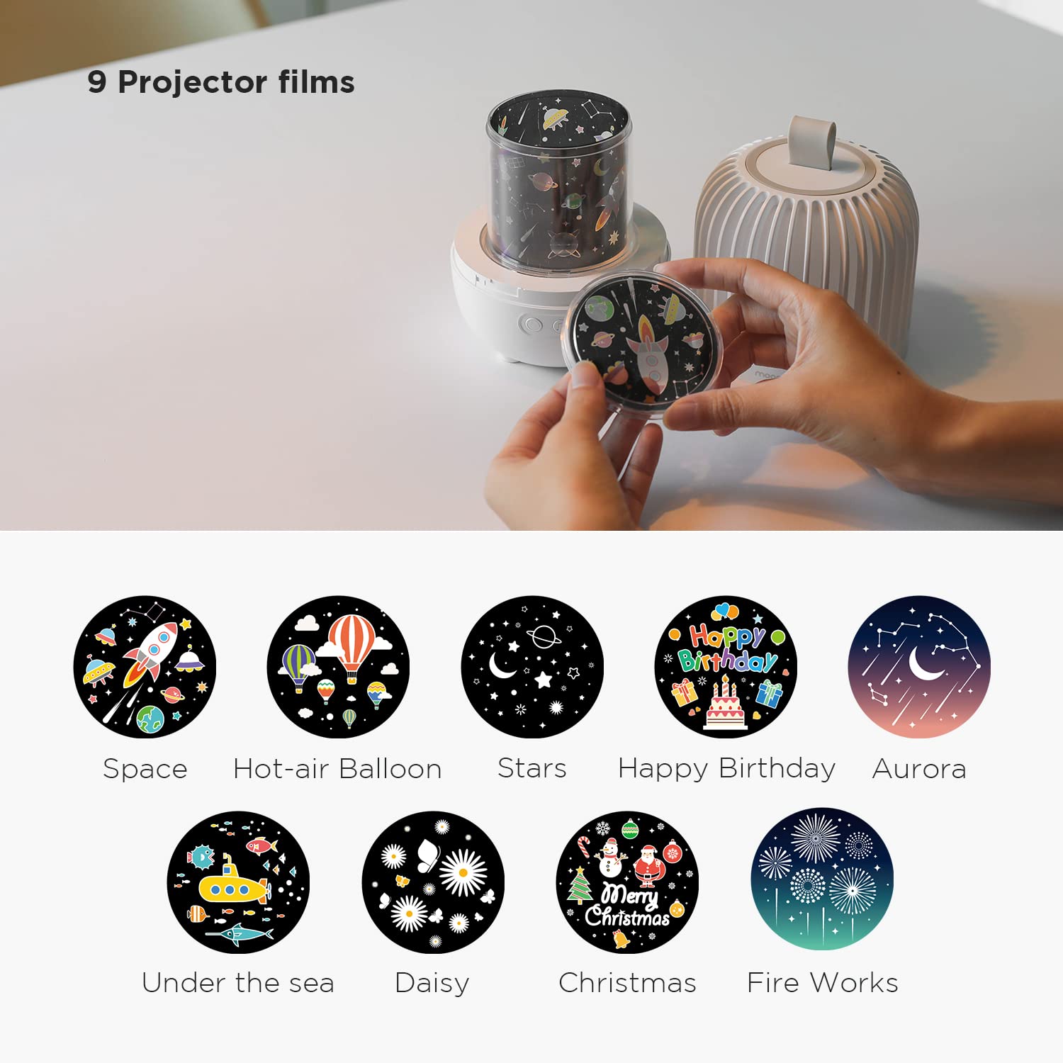 mooas Wonderland Rotating Projector Melody Nightlight (White), 360° Rotating Nightlight, Nightlight for Kids Baby Room, 4 Lighting Modes and 8 Melodies, 9 Theme Films, 1200mAh Rechargeable Battery