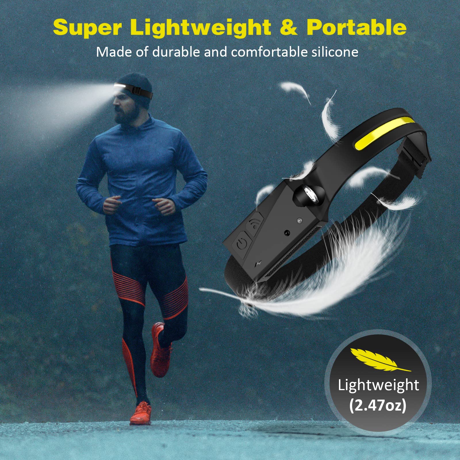 LED Rechargeable Headlamp,2.47oz Lightweight Headlight, 230° Illumination Motion Sensor Head lamp Flashlight, 5 Modes for Outdoor Camping,Running,Cycling,Fishing (1 pcs)