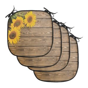 lunarable sunflower chair cushion pads set of 4, 3 sunflowers on wooden background at top left corner picture print, anti-slip seat padding for kitchen & patio, 16"x16", umber earth yellow