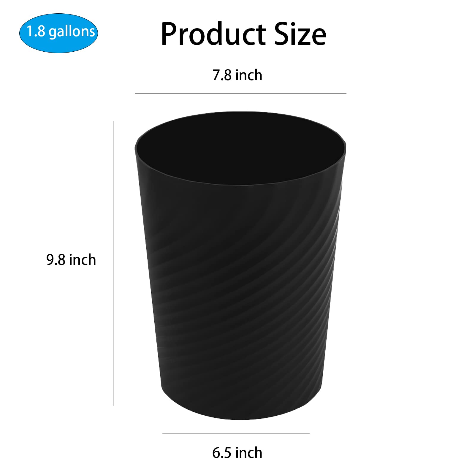 UUJOLY Plastic Small Trash Can Wastebasket, Garbage Container Basket for Bathrooms, Laundry Room, Kitchens, Offices, Kids Rooms, Dorms, (Black, 1.8 Gallon)