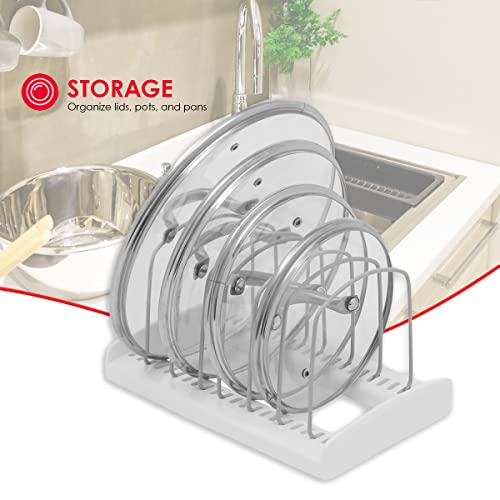 Home Basics Lid and Pan Adjustable Organizer, White | 6 Slots with Divider | Strong & Sturdy Metal Wires with Plastic Base