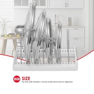 Home Basics Lid and Pan Adjustable Organizer, White | 6 Slots with Divider | Strong & Sturdy Metal Wires with Plastic Base