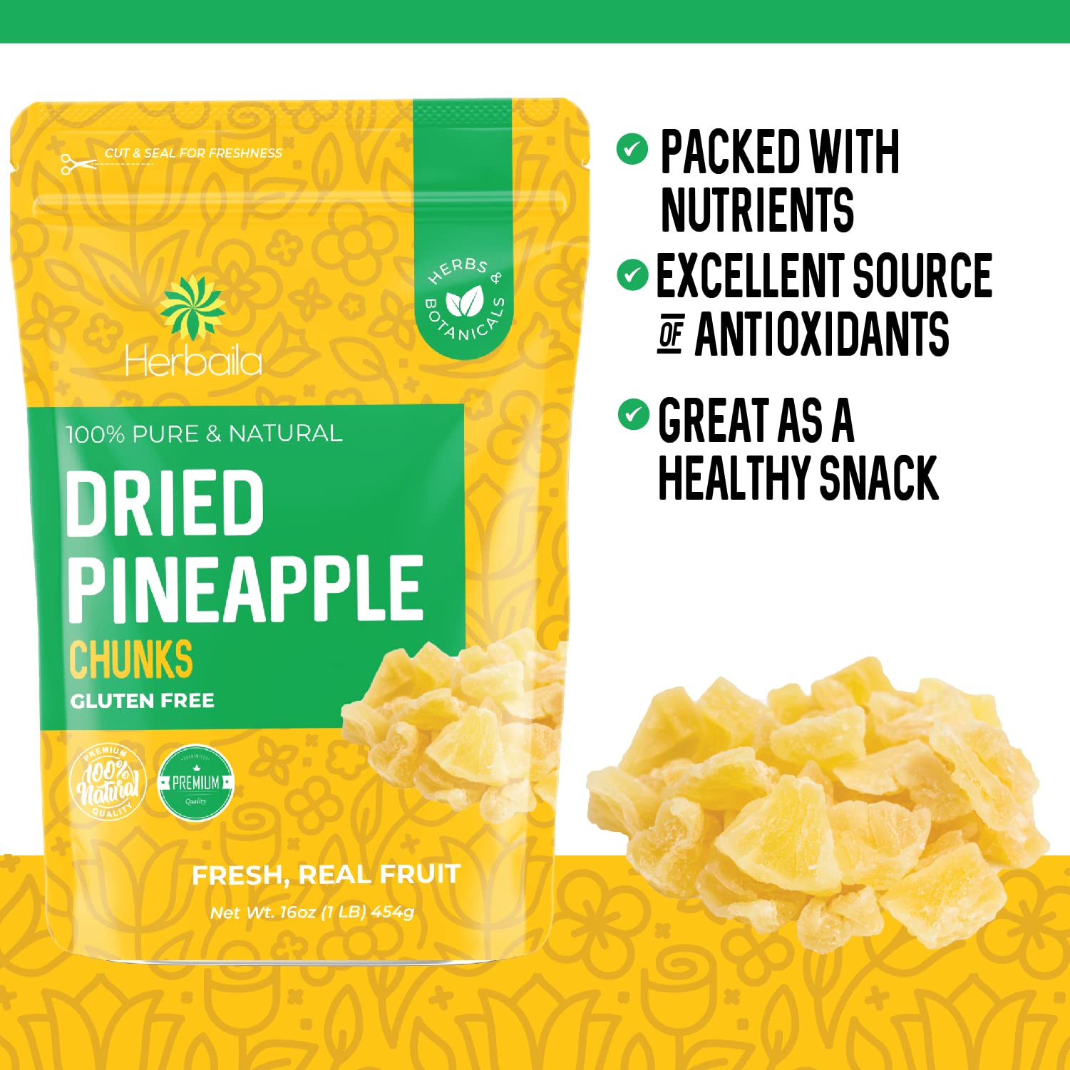 Dried Pineapple Chunks, 1 Pound. Dehydrated Pineapple Chunk, Dehydrated Pineapple Bulk, Dried Pineapple Bits. All Natural, Non-GMO, Lightly Sweetened Dried Pineapples, 16 oz.