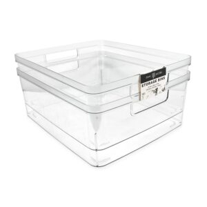 isaac jacobs 2-pack large clear storage bins (11.5” l x 14” w x 5.5” h) w/cutout handles, plastic organizer for home, office, kitchen, fridge/freezer, bathroom, bpa free, food safe (large)