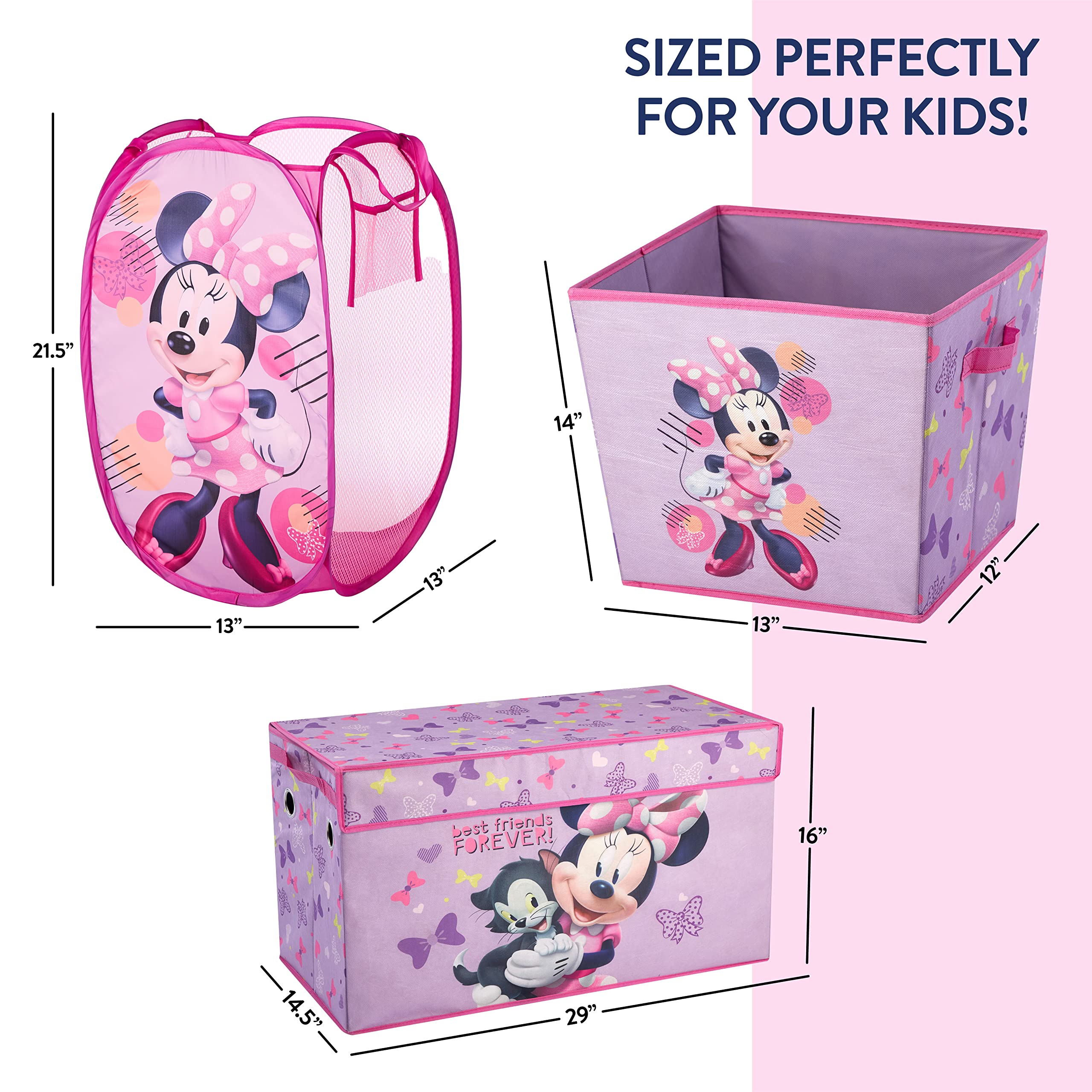 Disney Minnie Mouse 4 Piece Storage Solution Set with Pop Up Hamper, Collapsible Storage Trunk and 2 Nestable Storage Bins