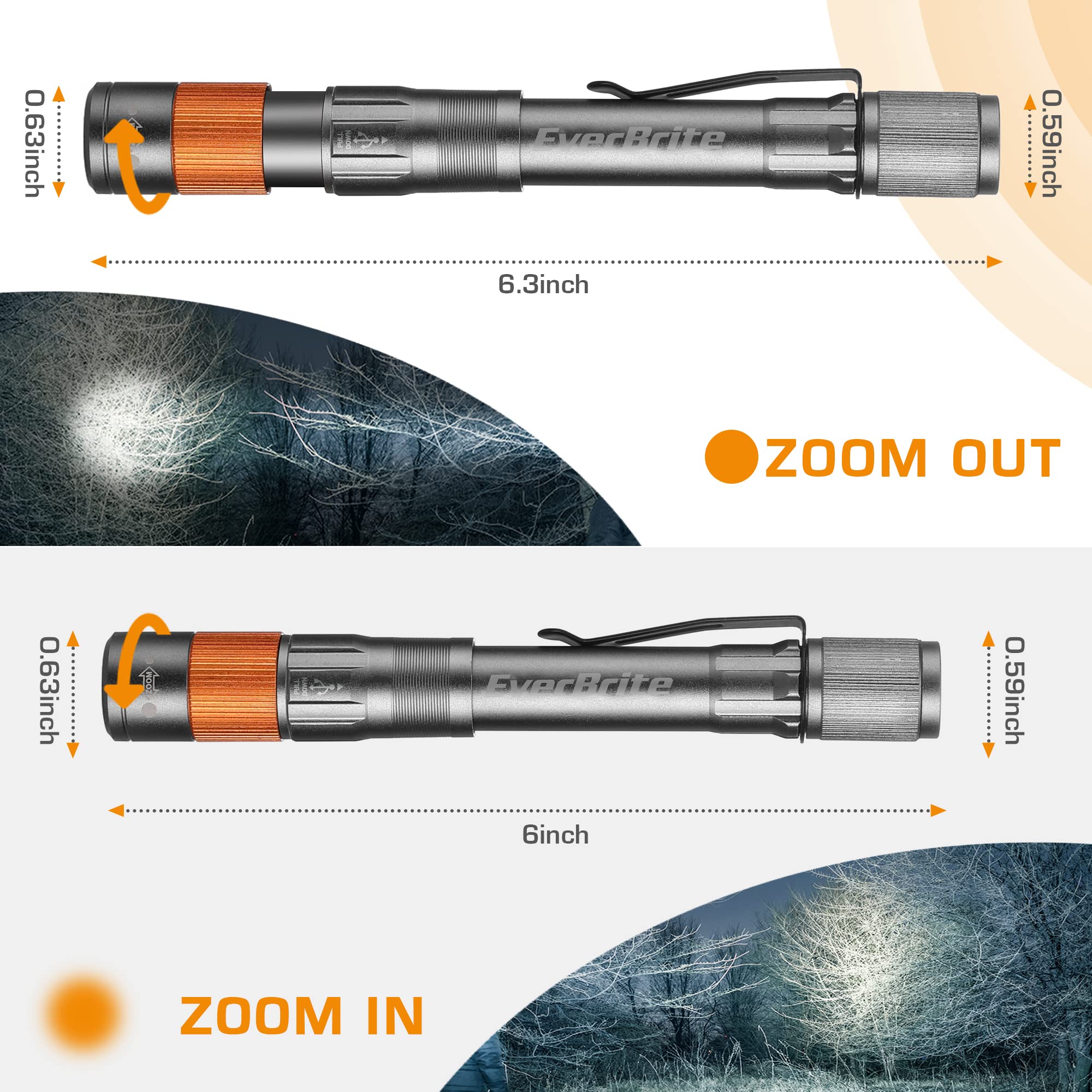 EverBrite Rechargeable Pen Light, 300 Lumens EDC Flashlight, Zoomable LED Pocket Flashlight with Clip, Memory Function and USB C Cable Included, for Camping, Emergency, Grey