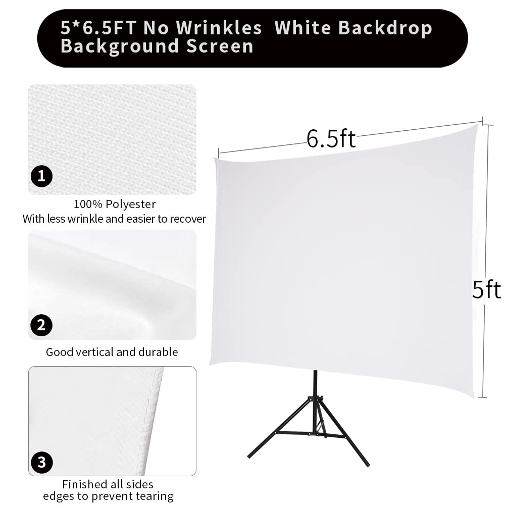 GSKAIWEN 5x6.5ft White Backdrop with Stand,Wrinkle-Resistant Collapsible Background Chromakey White Screen for Photo Studio Video Shooting, Portrait Headshot Photography