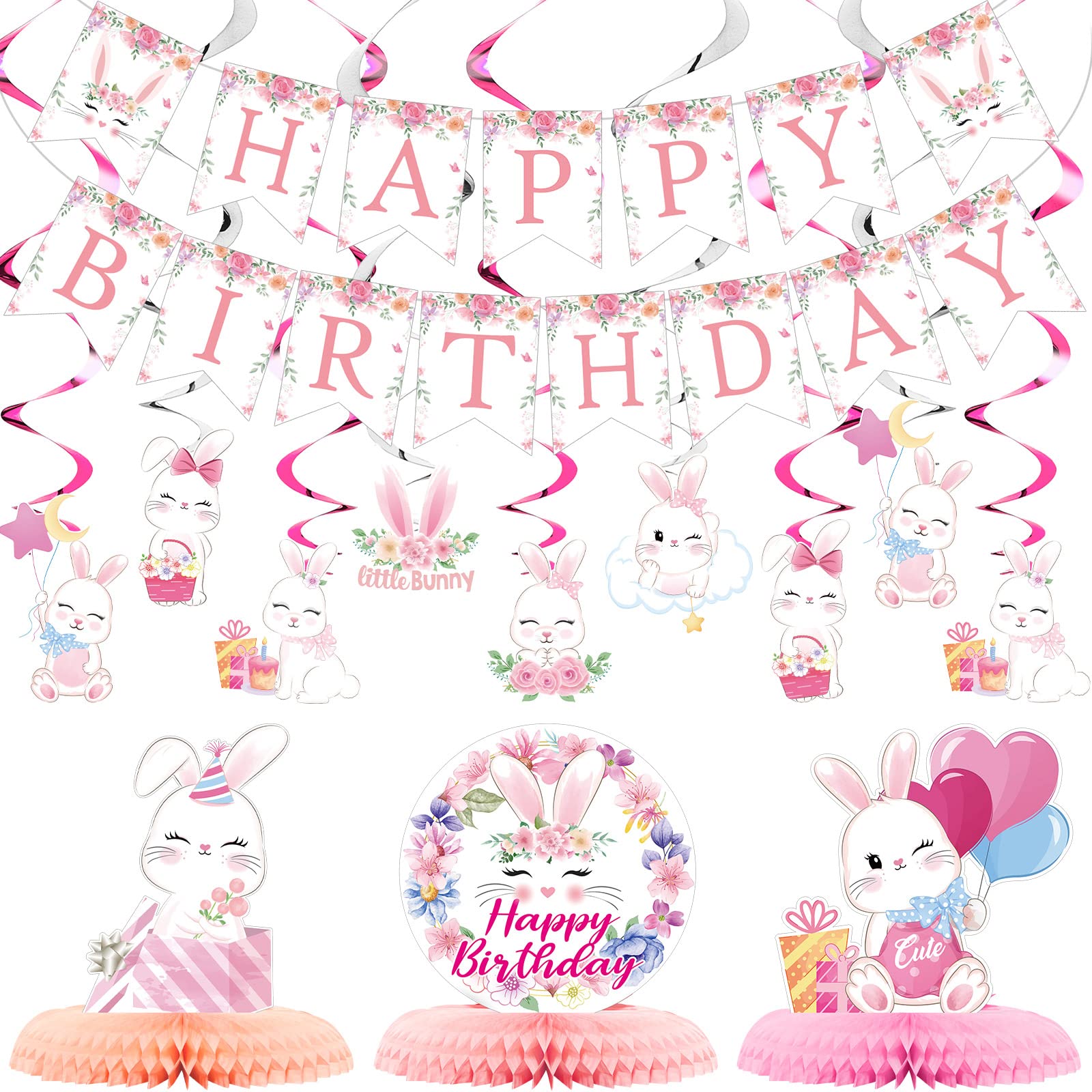 26 Pcs Easter Bunny Birthday Party Decorations Kit Bunny Party Supplies Bunny Birthday Banner Bunny Honeycomb Centerpiece Rabbit Hanging Swirls Cutouts for Girl Baby Shower Party Supplies