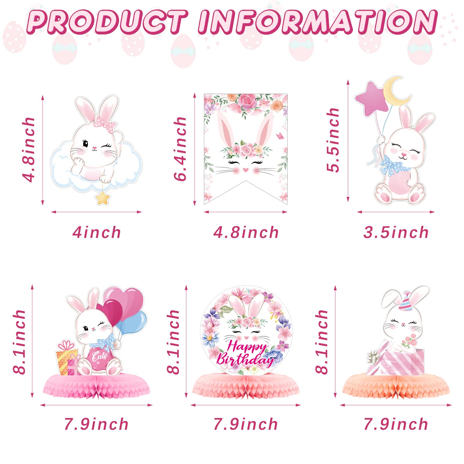 26 Pcs Easter Bunny Birthday Party Decorations Kit Bunny Party Supplies Bunny Birthday Banner Bunny Honeycomb Centerpiece Rabbit Hanging Swirls Cutouts for Girl Baby Shower Party Supplies