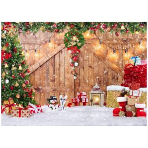 SJOLOON Rustic Christmas Barn Wood Door Backdrop for Photography Xmas Tree Snow Gift Wall Floor Party Photo Background Winter Holiday Family Supplies Banner Decoration Studio Props 12391 (7x5FT)