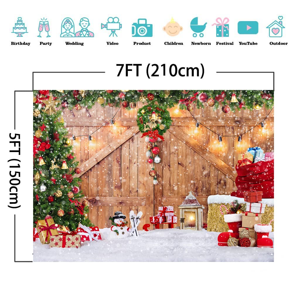 SJOLOON Rustic Christmas Barn Wood Door Backdrop for Photography Xmas Tree Snow Gift Wall Floor Party Photo Background Winter Holiday Family Supplies Banner Decoration Studio Props 12391 (7x5FT)