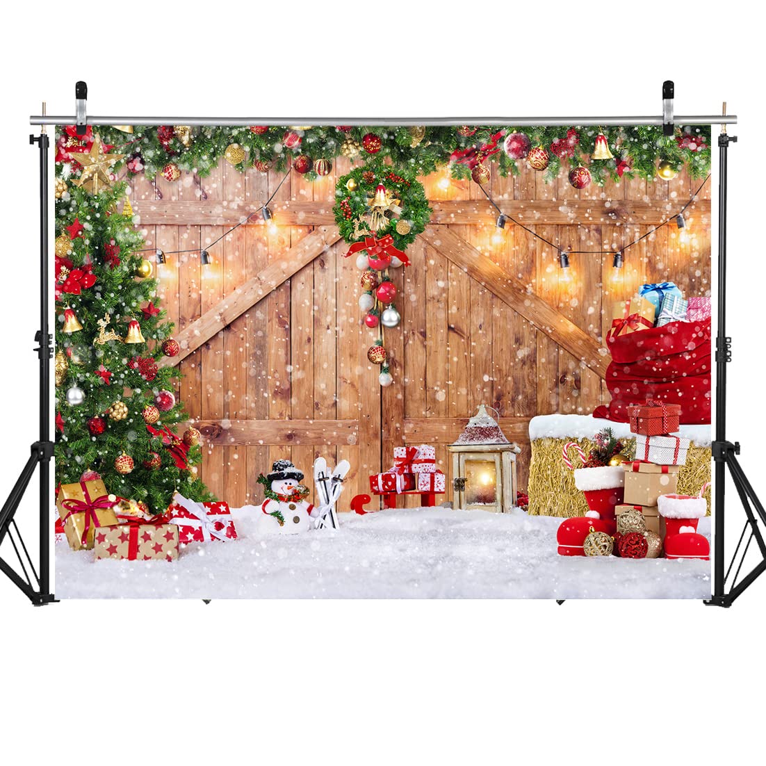 SJOLOON Rustic Christmas Barn Wood Door Backdrop for Photography Xmas Tree Snow Gift Wall Floor Party Photo Background Winter Holiday Family Supplies Banner Decoration Studio Props 12391 (7x5FT)