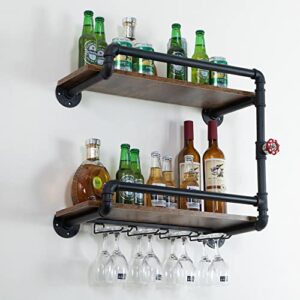 botaoyiyi wine rack wall mounted 2 tier, hanging floating small mini bar liquor shelves with glass holder storage under, industrial rustic pipe farmhouse kitchen decor black(23.6x10.6x19.7)